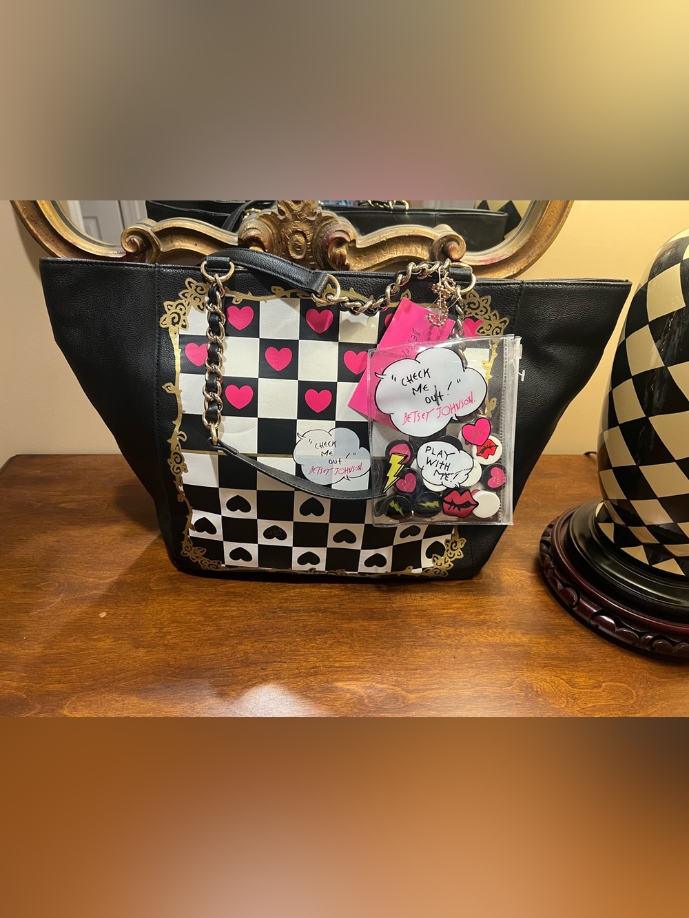 NWT Betsey Johnson Black Checkerboard Heart Tote with Pink Accents